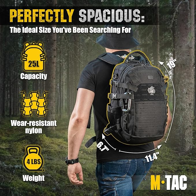 M-Tac Military Backpack for Men and Women - Large 25L Hiking MOLLE Backpack for Travel and Survival - Black Rucksack - Hiking (new)