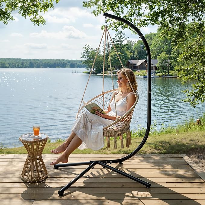 ONCLOUD Hanging Chair Stand Only Elegant Solid Steel Hammock Chair Stand C Frame Swing Stand for Egg Chairs Macrame Hanging Chairs Weatherproof Steel Hammock Stand for Indoor Outdoor
