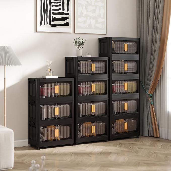 24 Side Wide Folding Storage Cabinet - Black 4-Tier Collapsible Storage Bin with Magnetic Door and Wheels for Living Room Kitchen Bedroom Garage
