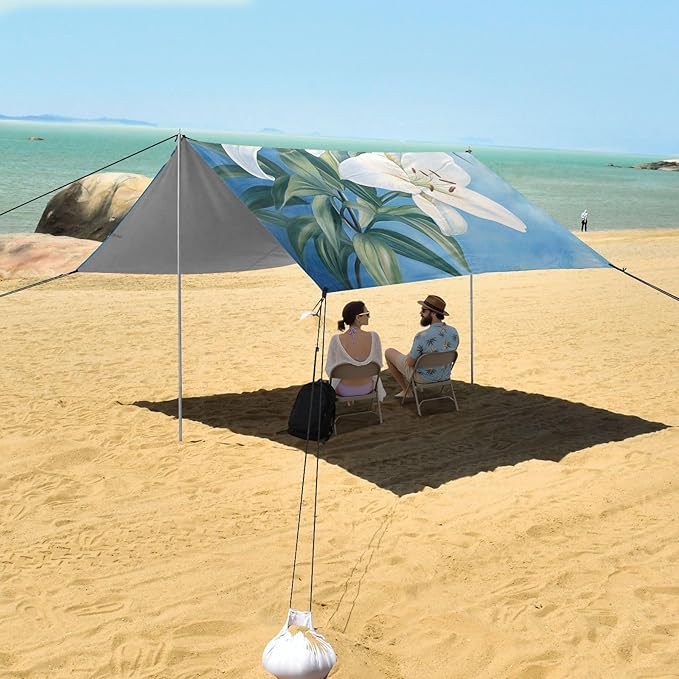 ALAZA White Lily Flowers on Blue Beach Tent Sun Shelter Portable Canopy Sunshade for Outdoor Camping Picnics Backyard Fun 10x9 ft