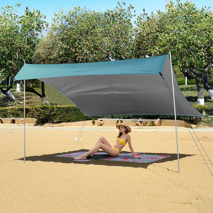 Blue Gradient Foldable Beach Cabana UPF50+ Water-Resistant Large Portable Sun Shelter with Sand Pockets for Camping Picnics Backyard &amp Fishing