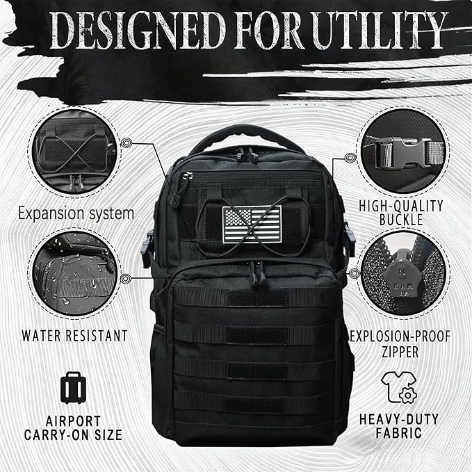 Military Tactical Backpack for Men Army 1 Day Assault Pack Molle Bag Bug Out Bag 25L Black