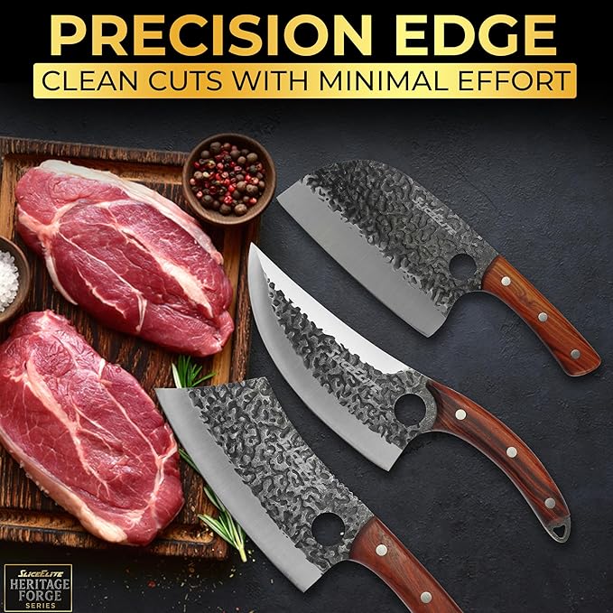 SliceElite Heritage Forge 3 Piece Butcher Knife Set Serbian Chef Meat Cleaver Viking Knife High Carbon Stainless Steel Full Tang Sandalwood Handle BBQ Grilling Camping Cooking Gift Set For Men &amp W
