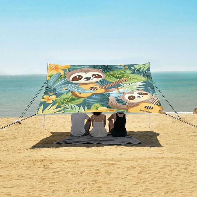 ALAZA Tropical Backdrop Sloth Playing Ukulele Cartoon Seamless Beach Tent Sun Shelter Portable Canopy Sunshade for Outdoor Camping Picnics Backyard Fun 10x9 ft