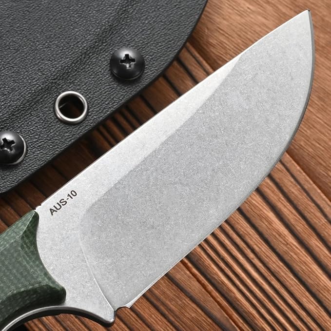 FF103 Fixed Blade KnifeAUS-10 steel Blade Micarta Handle Full Tang Knife for Outdoor Camping Hunting Fishing Working(Green)