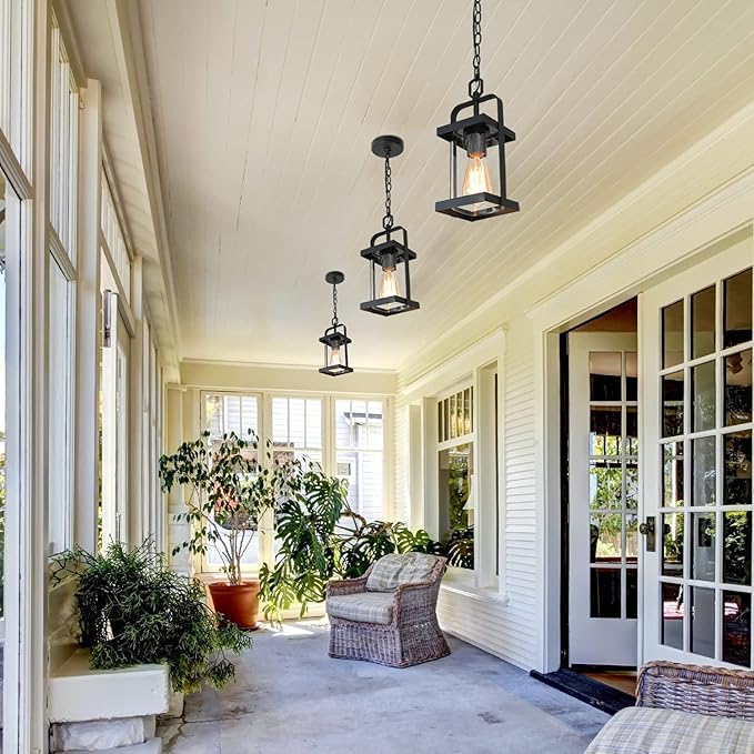 classy leaves Black Outdoor Pendant Lights Exterior Pendant Light with Clear Glass Porch Hanging Lantern Light Fixtures in Brushed Black Finish