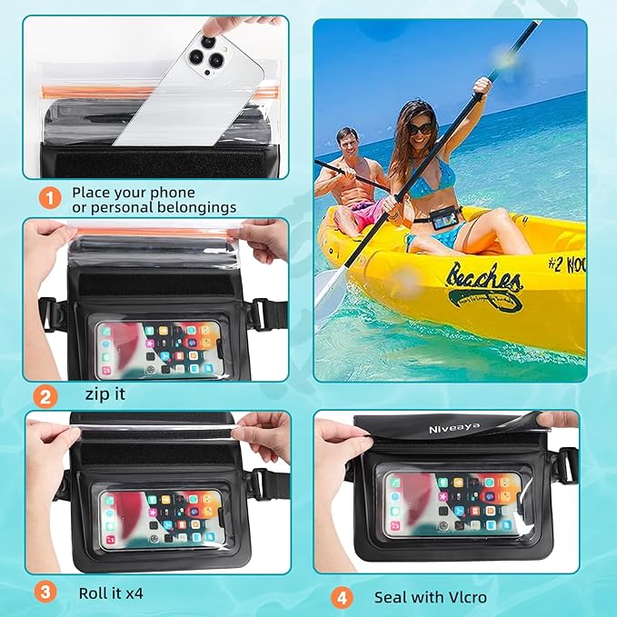 Niveaya Double Space Waterproof Fanny Pack IPX8 Waterproof Dry Bag Waist Pouch for Beach Kayaking Swimming Boat Travel Essentials Waterproof Phone Bag &amp Passport Holder for Women Men(2 Pack)