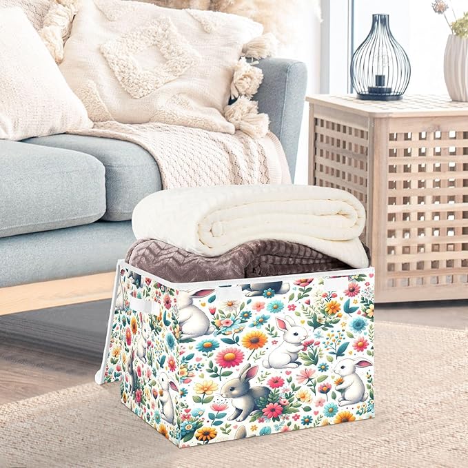 Cute Rabbit Large Collapsible Storage Bins with Lids Easter Storage Baskets Organizer Containers with Handles for Nursery Clothes Toys