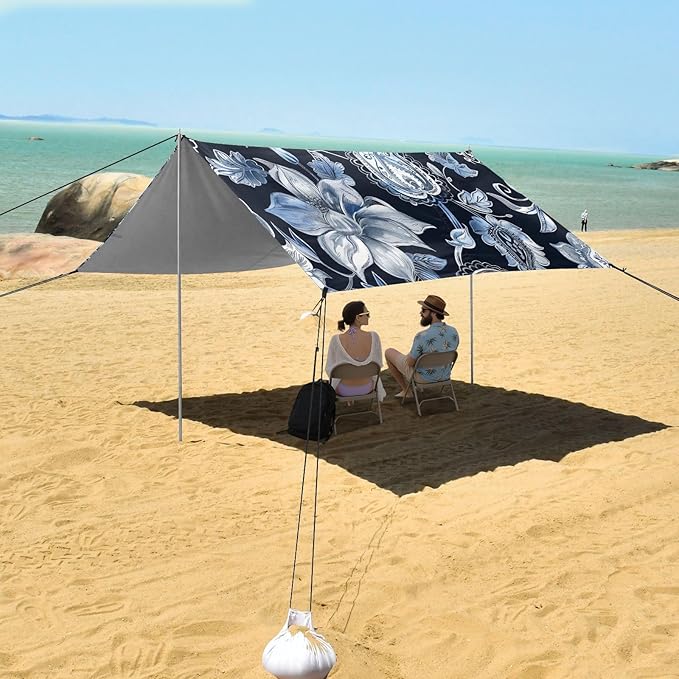 ALAZA Retro Paisley Flower Beach Tent Sun Shelter UPF50+ Protection Beach Shade Canopy w/ 4 Sandbags for Outdoor Camping Fishing Backyard Fun Picnic 10x9 ft
