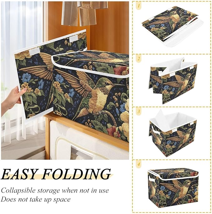 Storage Cube with Lid Embroidery Hummingbird Print 16.5×12.6×11.8 IN Collapsible Large Capacity Foldable Storage Basket Bin Organizer