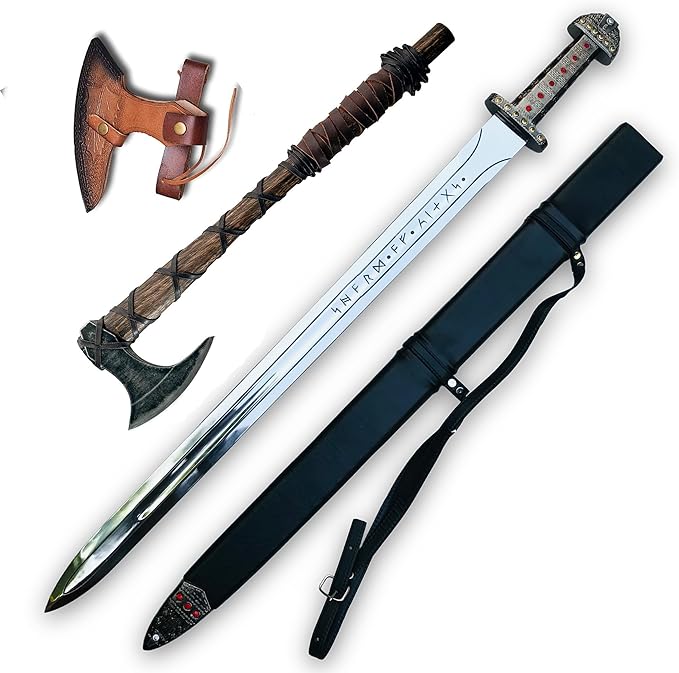 Dark-Ragnar Lothbrok Sword &amp Axe Vikings Sword of Kings/Ragnar Sword with Axe Bjorn Ironside Sword Medieval Fancy Sword of Viking The Symbol of Kingship - Sword &amp Axe for Gift with Additional