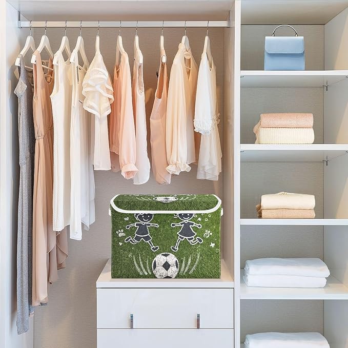 Green Kids Soccer Grass Star Storage Box with Lid 1 PC Foldable Storage Bin with Lids Stackable Storage Bins Cube Closet Organizer Basket with Flip-Top Lid &amp Handles for Shoes Books Towels