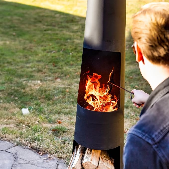 Sunnydaze 59-Inch Steel Chiminea Outdoor Fire Pit with Built-in Log Holder - Chiminea Outdoor Fireplace - Includes Poker