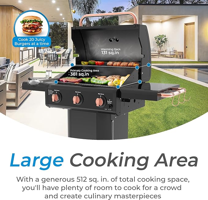 Kenmore 3-Burner Gas Grill | Foldable Side Tables Cast Iron Cooking Grates Warming Rack Hooks for BBQ Grilling Tools Propane Gas Barbecue Grill 30000 BTUs Black with Copper Accent
