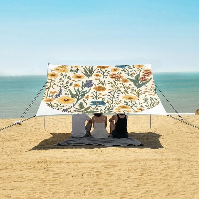 Spring Flowers Daffodil Iris Succulent Plants Beach Cabana Tent UPF50+ Easy Setup Shade Sun Shelter with Sand Shovel for Backyard and Camping