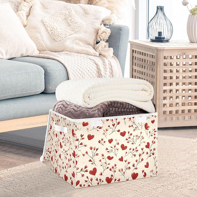 Valentine Hearts Flowers Beige Storage Box with Lid 1 PC Foldable Storage Bin with Lids Stackable Storage Bins Cube Closet Organizer Basket with Flip-Top Lid &amp Handles for Shoes Books Towels