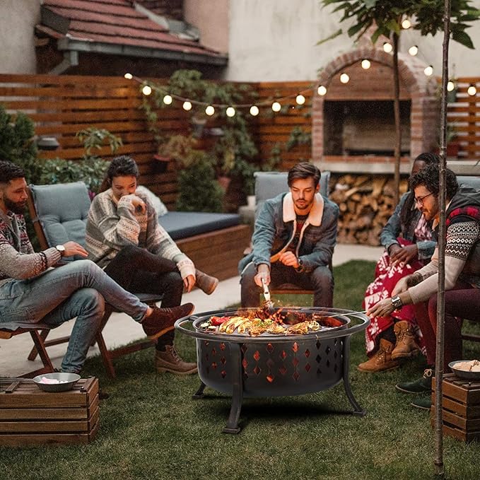 SINGLYFIRE 36 Inch Fire Pits for Outside Large Outdoor Wood Burning Crossweave firepit Heavy Duty Steel Bronze Bonfire Pit for Patio Backyard Garden with BBQ GrateSpark ScreenLog GratePoker