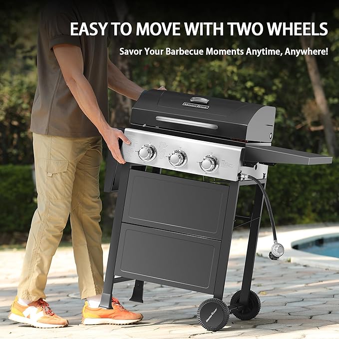 MASTER COOK 3 Burner BBQ Propane Gas Grill 472 Sq. In. Cooking Area 30000 BTU Stainless Steel Barbecue Grill with Two Foldable Shelves for Outdoor Patio Backyard