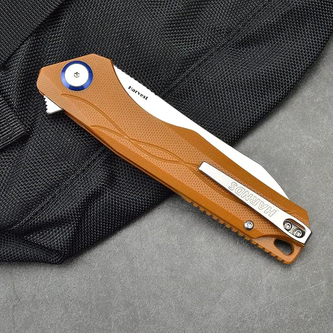 Harnds Harvest Pocket knife with Sandvik 14C28N Steel Folding Knife with G10 Handle for Camping Hunting Surviral (Brown)