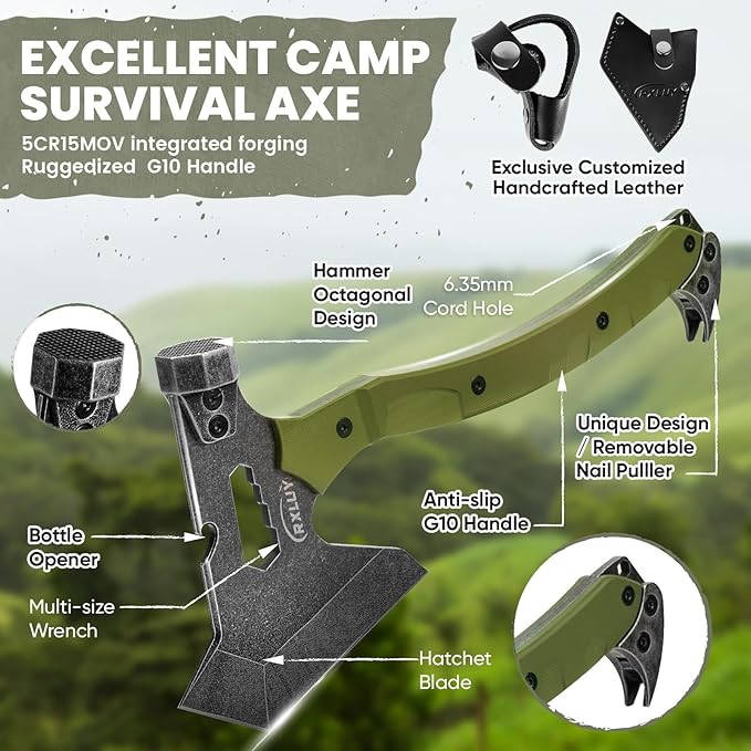 Tactical Axe with G10 Handle Camping Survival Hatchet Multifunctional Hiking Outdoor Heavy Duty Full Tang Tomahawk Tools with Hammer Unique Design Crowbar Leather Sheath (Green)