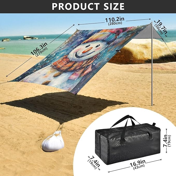 ALAZA Watercolor Snow Man Beach Tent Sun Shelter UPF50+ Protection Beach Shade Canopy w/ 4 Sandbags for Outdoor Camping Fishing Backyard Fun Picnic 10x9 ft