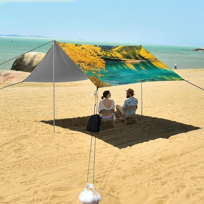 Beach Canopy with Windproof Ropes &amp Sandbags Beach Tent Sun Shade Sun Shelter for Camping Trips Fishing Backyard Fun or Picnics Autumn Landscape