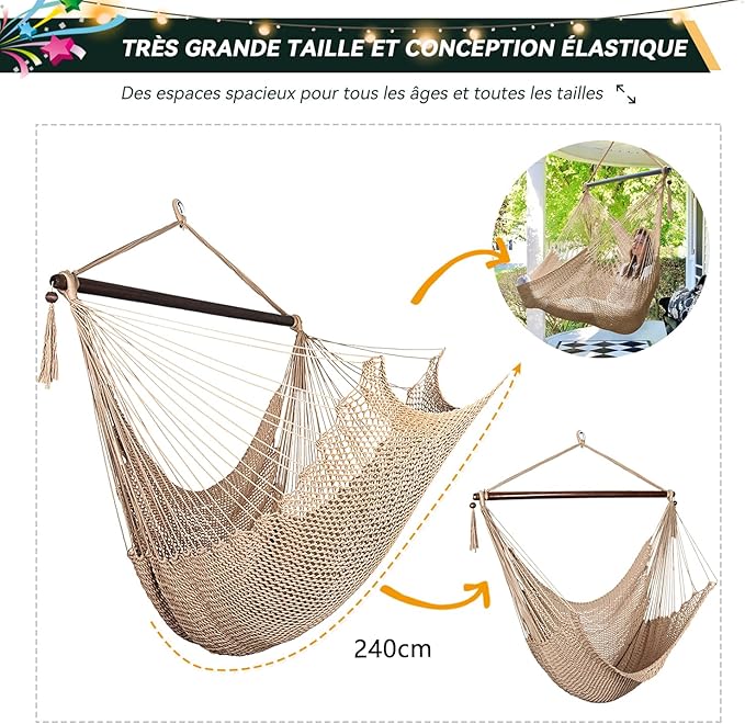 Bathonly Large Hammock Chair with Spreader Bar Caribbean Hammock Swing Chair XL Hammock Chair Outdoor Indoor 330 LBS Weight Capacity Light Brown