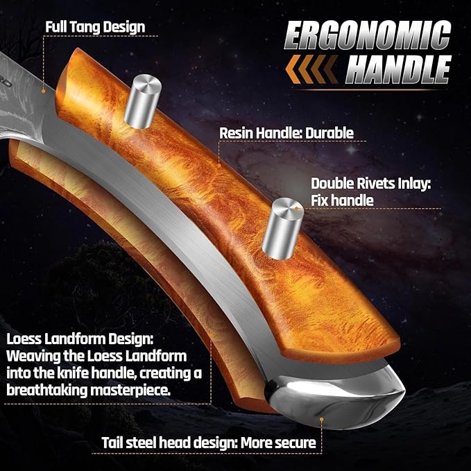 Golden Bird Damascus Steel Knife for Kitchen and Outdoor - Hand Forged Chef Camping Knife with Resin Handle &amp Wood Sheath All Purpose Cooking Survival Hunting KnivesGift for Men &amp Women