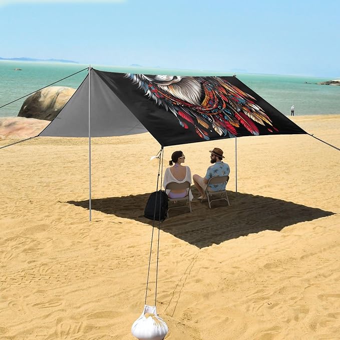 ALAZA Boho Wolf Indian Beach Tent Sun Shelter UPF50+ Protection Beach Shade Canopy w/ 4 Sandbags for Outdoor Camping Fishing Backyard Fun Picnic 10x9 ft