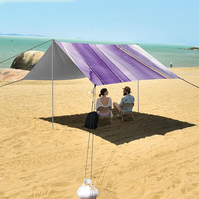 xigua Purple Texture Beach Tent Sun Shelter with Carrying Bag - Silver Coated Oxford Fabric Beach Canopy for Beach Camping Fishing - Includes Windproof Ropes Sandbags &amp Stakes