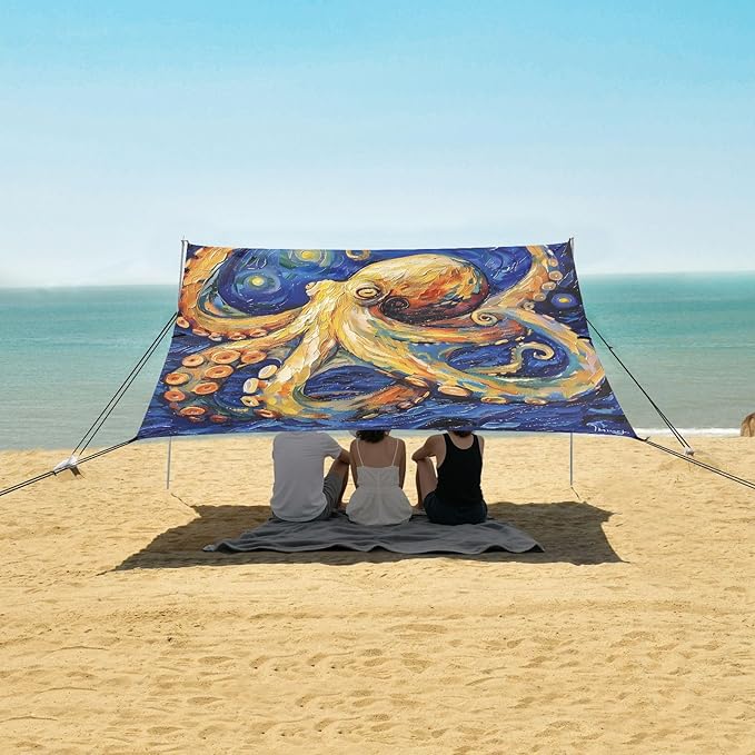 ALAZA Octopus Starry Sky Beach Tent Sun Shelter UPF50+ Protection Beach Shade Canopy w/ 4 Sandbags for Outdoor Camping Fishing Backyard Fun Picnic 10x9 ft