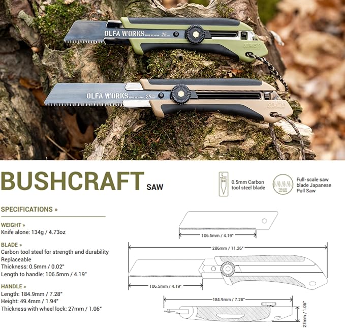 OLFA Works OW-BCS-1/OD Bushcraft Japanese Pull Saw Serrated Replacable and Retractable Carbon Tool Steel Blade - Great for Trimming Branches Woodwork and other Bushcraft or Outdoor Activities - Rach