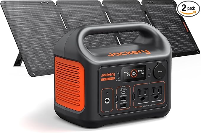 Jackery Solar Generator 300 292Wh Backup LiFePO4 Battery with Solar Panel SolarSaga 100W 300W Pure Sine Wave AC Outlet for RV Outdoors Camping Travel Blackout(Extension Cable Included)