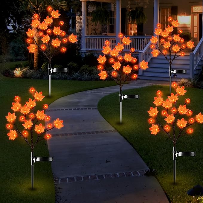 2 Pack Thanksgiving Decorations Lights Fall Decor Solar Lights Outdoor with 3D Maple Pumpkin 8 Modes Fall Thanksgiving Lights Outdoor Solar Lights Waterproof for Yard Decor