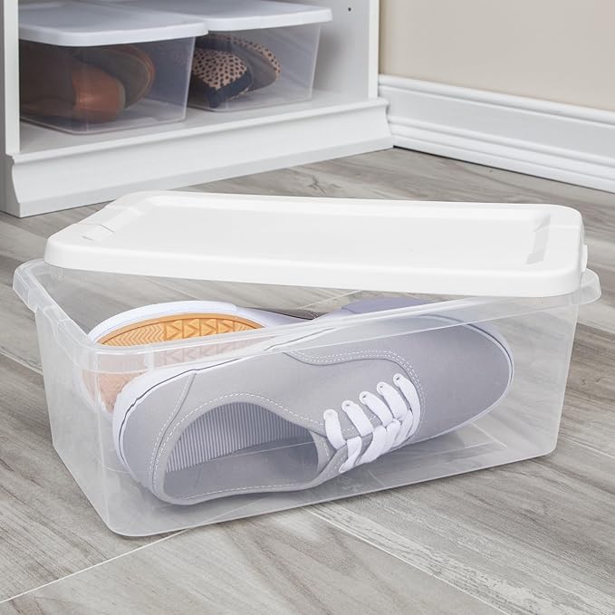 (2 Pack) 10 Small 6 Quart Clear Plastic Storage Bins with Lids Transparent Plastic Shoe Boxes Stackable Shoe Storage Containers for Home Closet Organization。