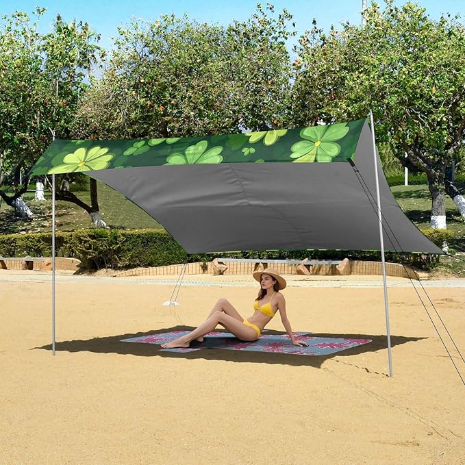 St Patrick's Day Clovers Beach Tent Sun Shelter Set UPF50+ UV Protection 10.5 x 9.19 FT Camping Shade Canopy with Sandbags Sand Anchors Carrying Bag and Others