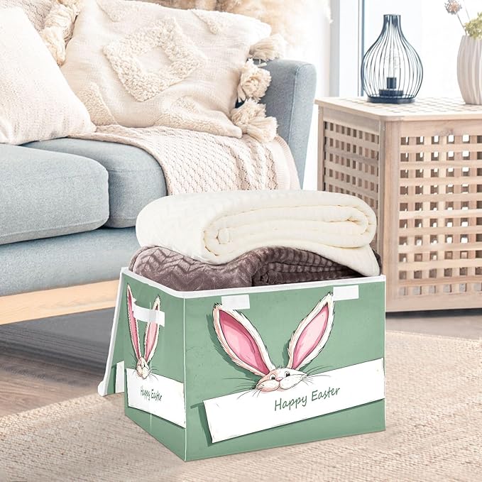Happy Easter Storage Baskets with Lids Collapsible Bins Stackable Fabric Linen Baskets Closet Organizer Container 16.5x12.6x11.8