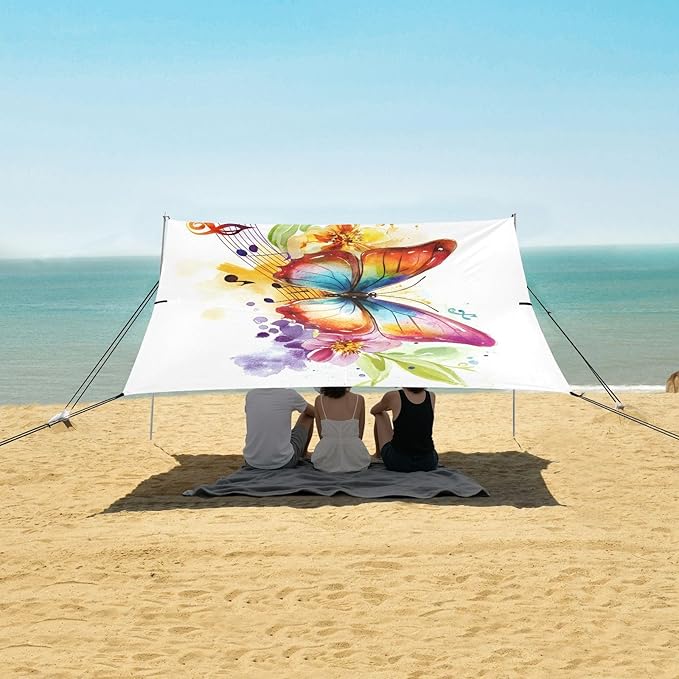 ALAZA Butterfly Music Notes Beach Tent Sun Shelter UPF50+ Protection Beach Shade Canopy w/ 4 Sandbags for Outdoor Camping Fishing Backyard Fun Picnic 10x9 ft