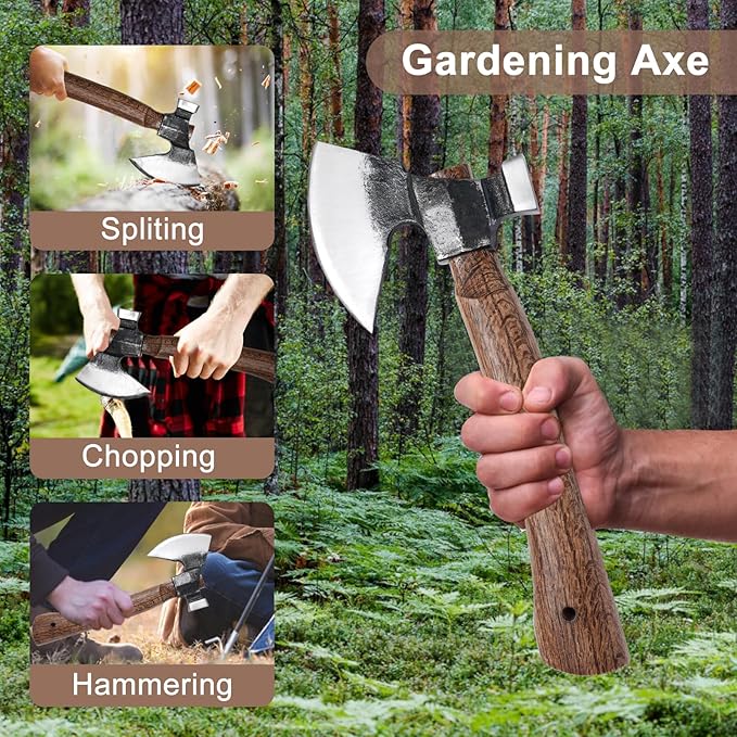 Wood Splitting Axe with Leather SheathCamping Hatchet with 10.74 Solid HandleBushcraft Axe with Hammering for GardeningChopping Felling SurvivalCarving