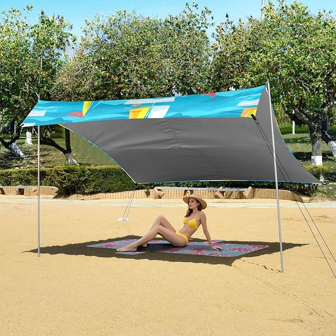 xigua Sailboat Beach Tent Sun Shelter with Carrying Bag - Silver Coated Oxford Fabric Beach Canopy for Beach Camping Fishing - Includes Windproof Ropes Sandbags &amp Stakes