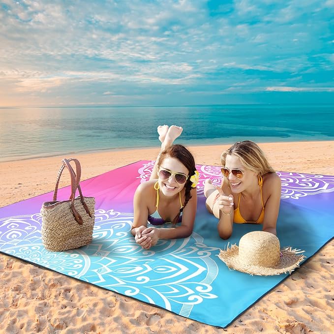 WIWIGO Beach Blanket Waterproof Sandproof Beach Mat 79 X 83/10'x9'for 2-8 Adults Quick Drying Outdoor Picnic Mat Beach Accessories for Travel Camping Hiking