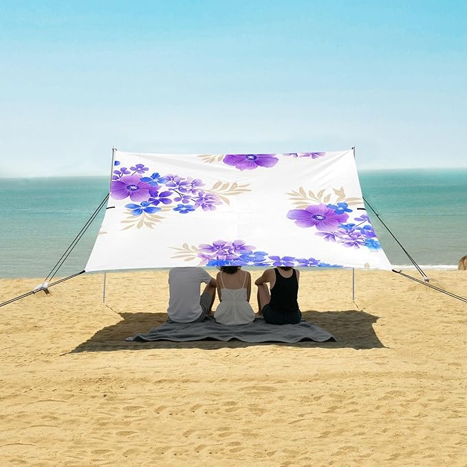 Beach Canopy with Windproof Ropes &amp Sandbags Beach Tent Sun Shade Sun Shelter for Camping Trips Fishing Backyard Fun or Picnics Purple Flowers