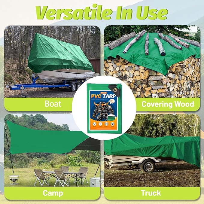 Green Tarp 10x12 FT Heavy Duty PVC 10.6 Mil Waterproof Cover UV Resistant &amp Tear Proof with Brass Grommets for Truck Boat Camping Patio Outdoor Shelter