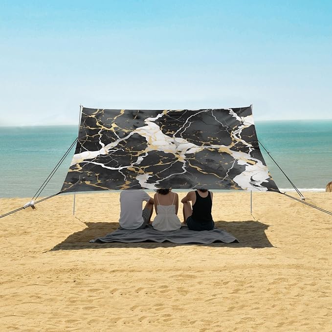 ALAZA Black Marble Gold Line Modern Beach Tent Sun Shelter UPF50+ Protection Beach Shade Canopy w/ 4 Sandbags for Outdoor Camping Fishing Backyard Fun Picnic 10x9 ft