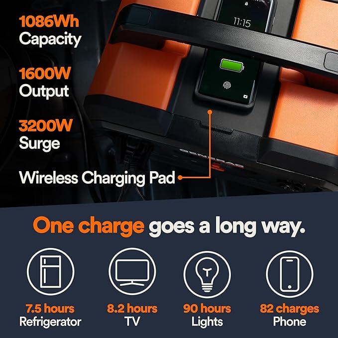 Generac 1086Wh Portable Power Station with Lithium-Ion Battery - Clean Emission-Free Power - Wirless Charging Pad and Compact Design - Camping RV Indoor/Outdoor Use - Orange/Black