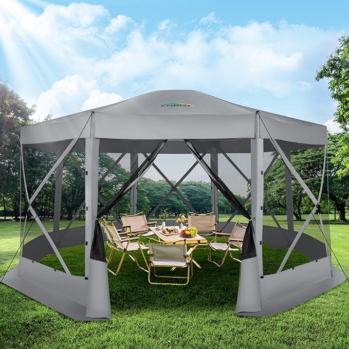 COBIZI Pop Up Gazebo Screen Tent Screen House for Camping 15x15 Screen Room with Mosquito Netting Hub Tent Instant Screened Canopy with Carrying Bag and Ground Stakes Gray