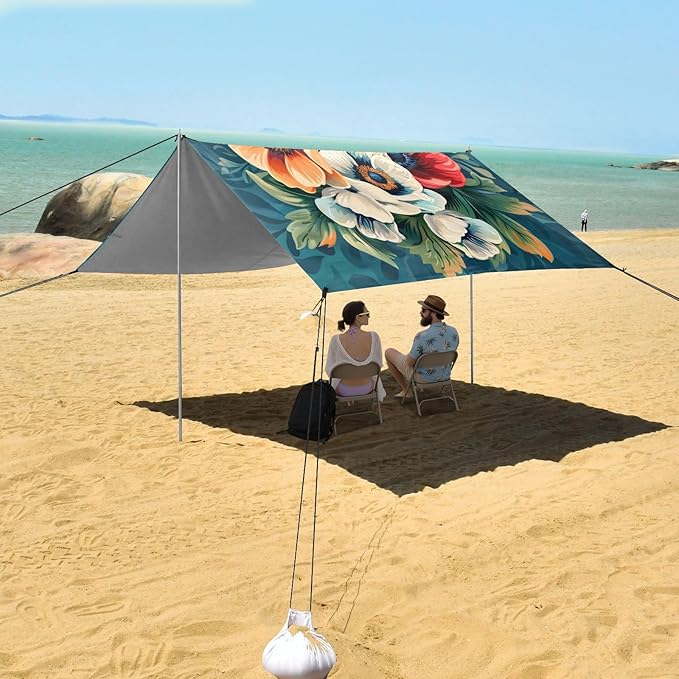 ALAZA Anemone Flower Bouquet Beach Tent Sun Shelter UPF50+ Protection Beach Shade Canopy w/ 4 Sandbags for Outdoor Camping Fishing Backyard Fun Picnic 10x9 ft
