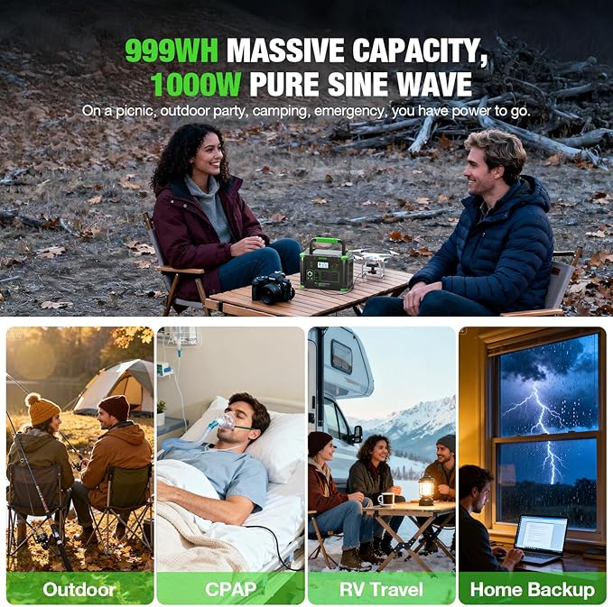 EBL Portable Power Station 1000W Solar Generator 999Wh Fast Charging Backup Battery with 5W Wireless Charging &amp Multiple Ports for Camping Home Backup RV &amp Off-Grid