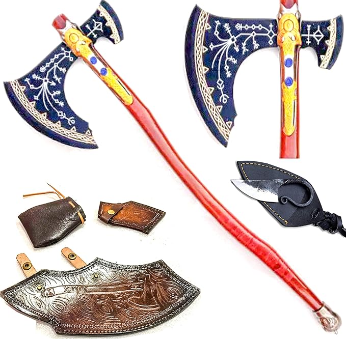 Kraatos War Axe Viking Battle Axe Replica Ax - Handmade Forged Stainless Steel Axe Prop Tool with Viking Axe Hatchet Solid Wood Handle Skarde Seax Men's Gift