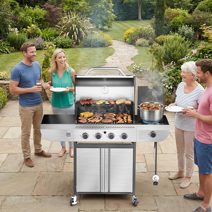 R.W.FLAME 4-Burner Propane Gas Grill 42000 BTU BBQ Grill with Side Burner Porcelain-Enameled Grates Stainless Steel Outdoor Grill for Backyard Patio Barbecue
